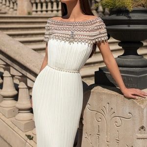 Tarik Ediz  Shoulder Beaded Pleated Dress